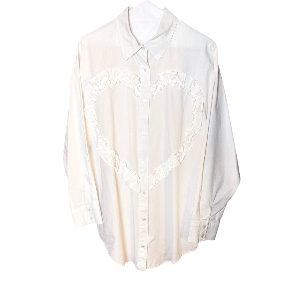 London Rose White Button-Up Shirt with Heart Design Size Large